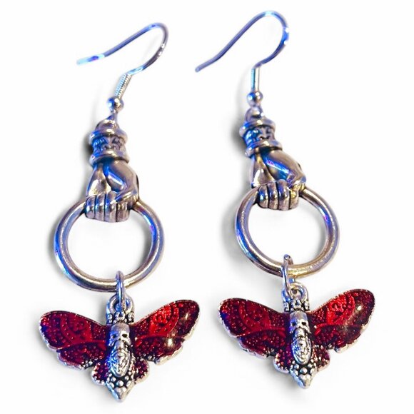 Crimson Embrace Gothic Skull Moth 925 Sterling Silver Earrings - Picture 3 of 3